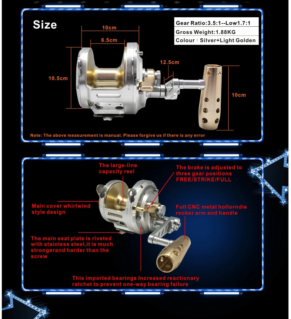 Heavy Duty Saltwater Fishing Trolling Reel Deep Sea 2 Speed Conventional Reel Metal 50W Boat Big Game Reels