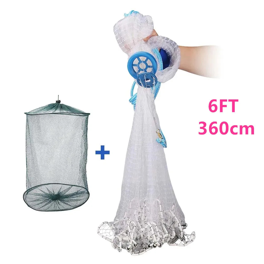 Saltwater Fishing Cast Net for Bait Trap 3ft/4ft/5ft/6ft/7ft/8ft/9ft/10ft Radius with Heavy Duty Real Zinc Sinker Weights
