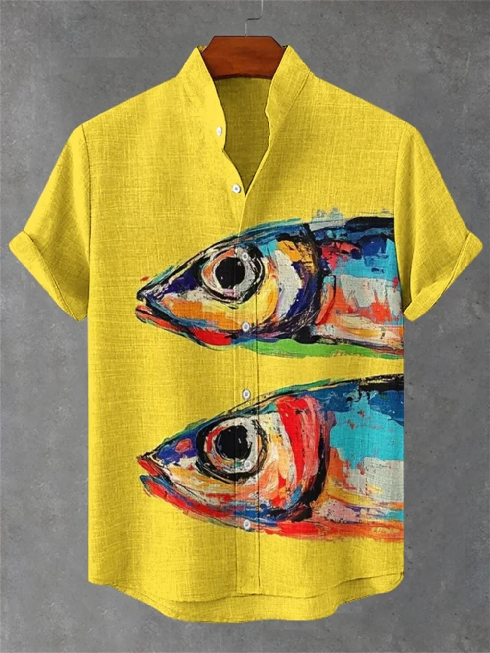 Men's Stand-Up Collar Fishing Shirt — Abstract Fish Print, Breathable