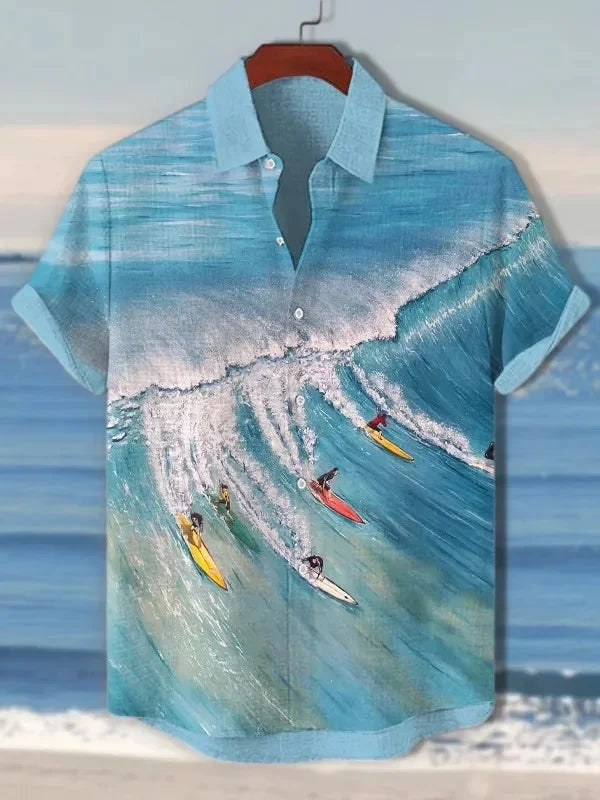 Men's Shirt Vintage Fish Japanese Art Linen Blend Comfortable Casual Breathable Hawaiian Shirt Lapel Short Sleeve Shirt