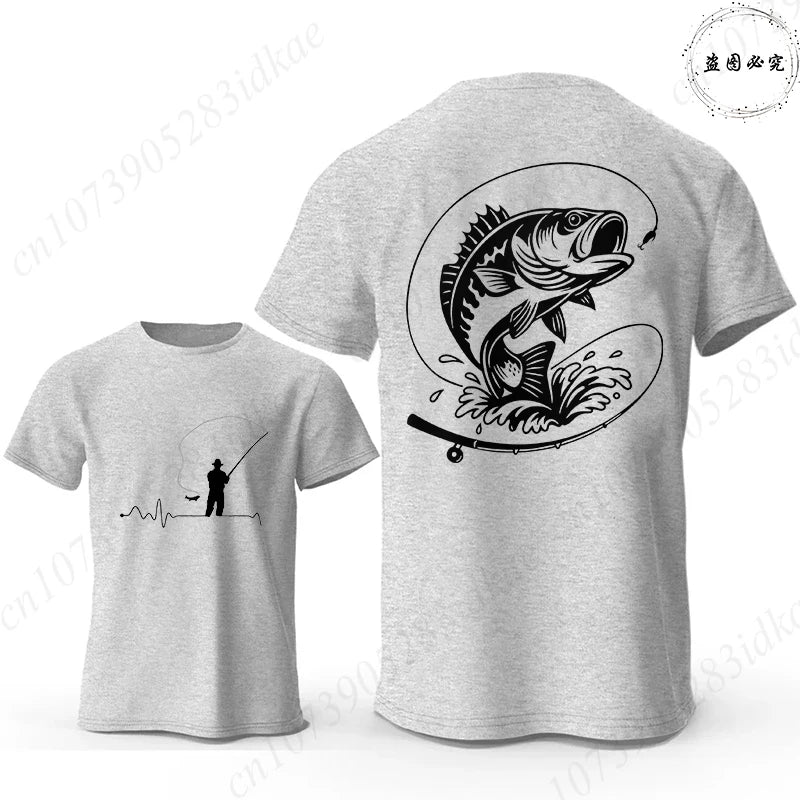 Fishing Lover T-Shirts for Men Fisherman Heartbeat Bass Fish Print Graphic Tops Casual Short Sleeve Tees Oversized Male Clothing