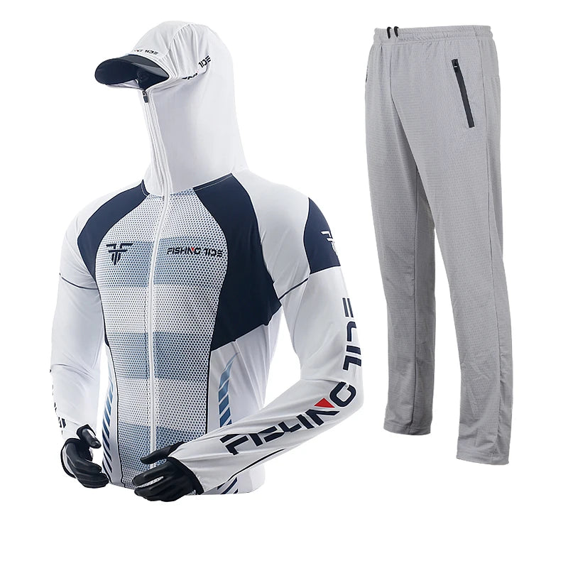 Men's High Quality Fishing Suit Summer Sun Protection Breathable Ice Silk Quick Dry Fishing Hoodie & Pants 2 Piece Set