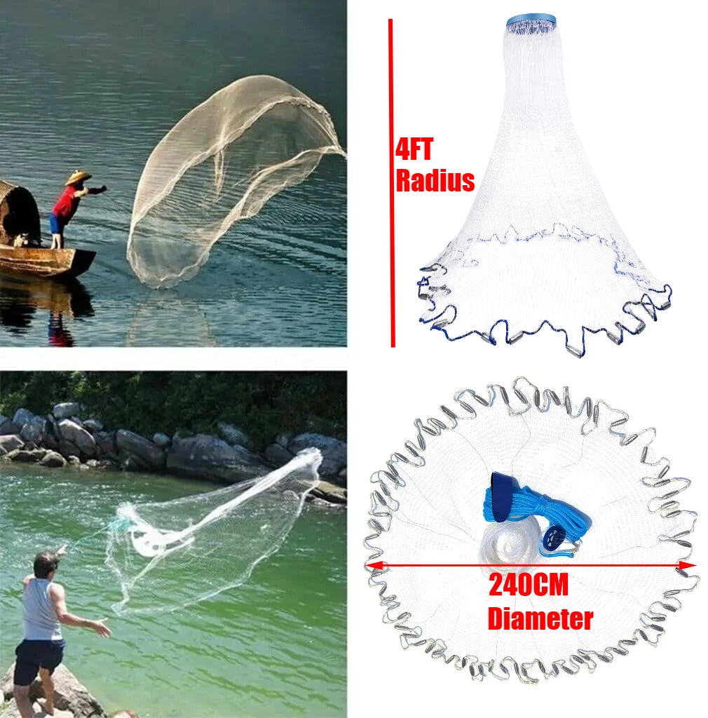 Fishing Cast Net Easy Hand Throw 3/4/5/6/7/8/9/10ft Radius Fishing Bait Net