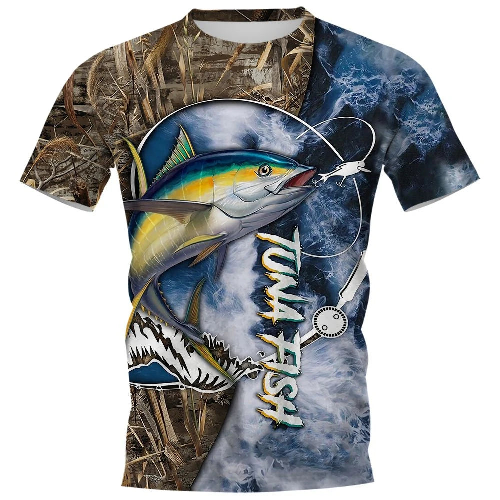 New Fishing T-Shirt Men Tshirt Fish Graphic Clothing O-Collar Oversized Tops Outdoor Sport Apparel Summer for Male Tee Shirts