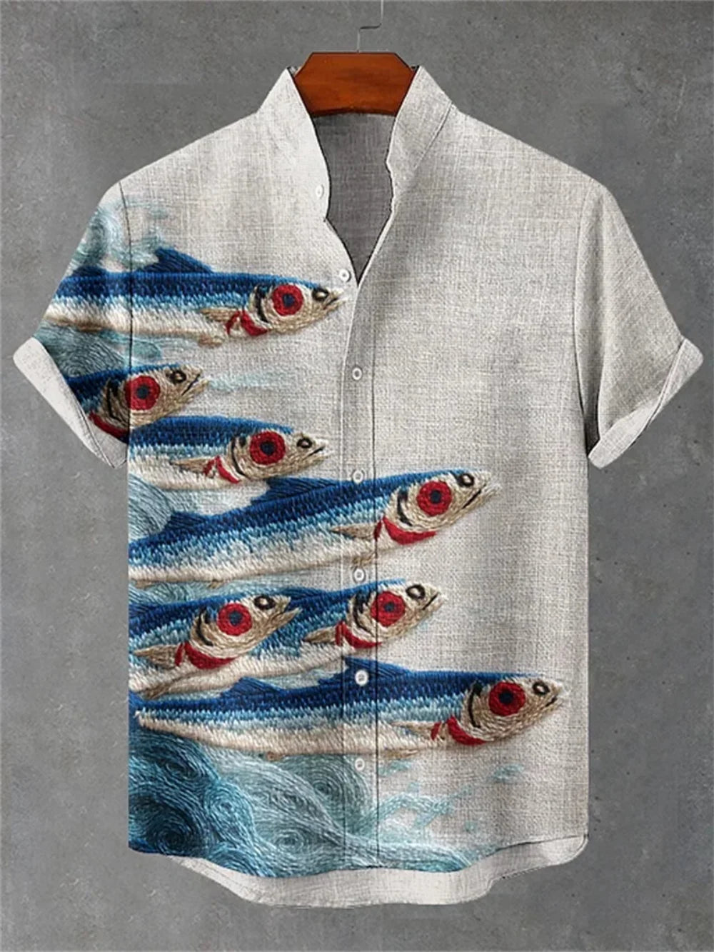 Men's Stand-Up Collar Fishing Shirt — Abstract Fish Print, Breathable