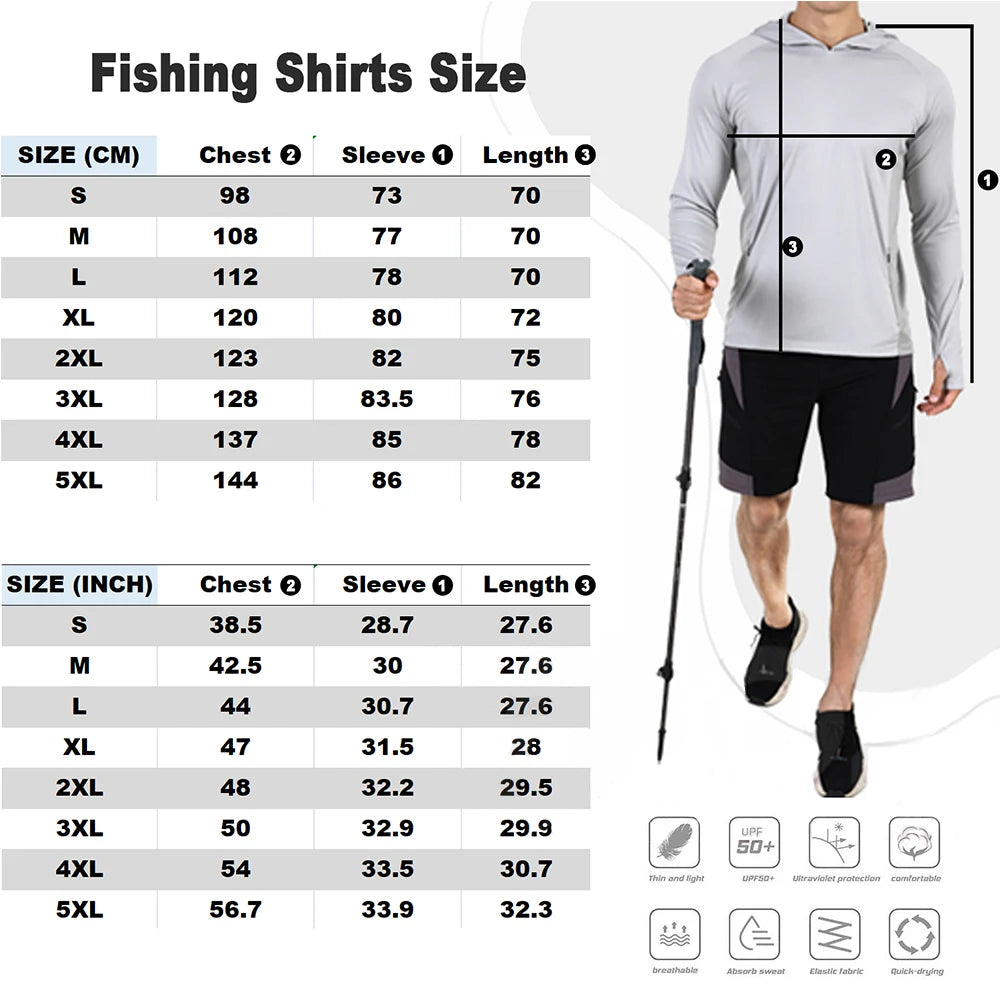2023 Fishing Shirts Summer UPF 50+ Mens Hooded Fishing Shirt Mask UV Hoodie