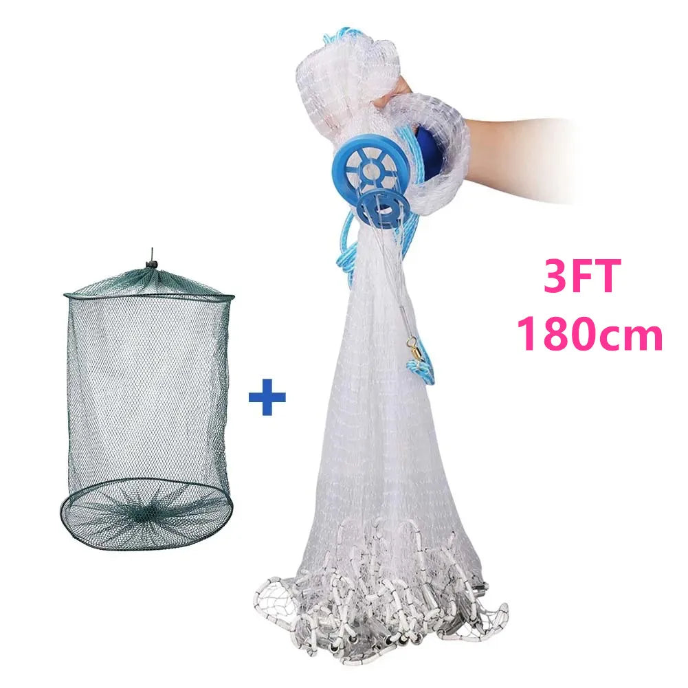 Saltwater Fishing Cast Net for Bait Trap 3ft/4ft/5ft/6ft/7ft/8ft/9ft/10ft Radius with Heavy Duty Real Zinc Sinker Weights