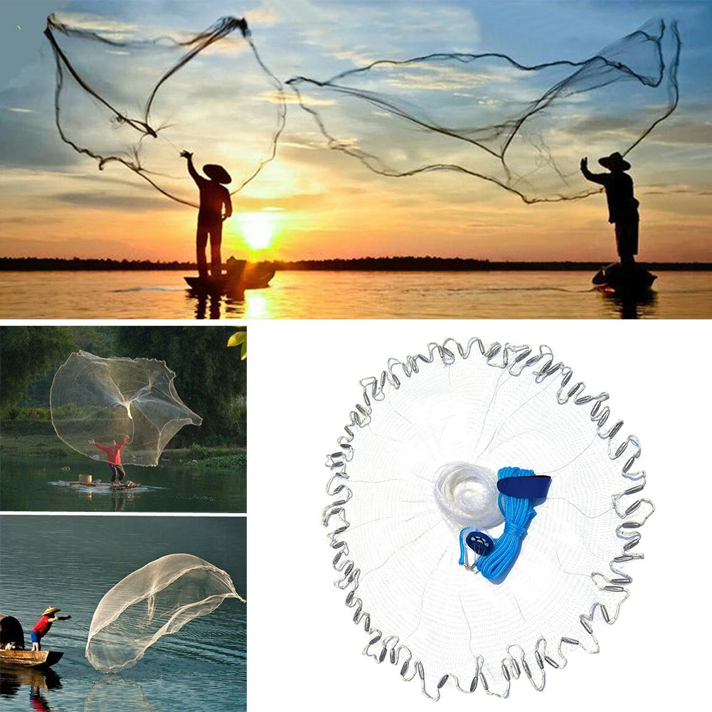 Saltwater Fishing Cast Net for Bait Trap 3ft/4ft/5ft/6ft/7ft/8ft/9ft/10ft Radius with Heavy Duty Real Zinc Sinker Weights