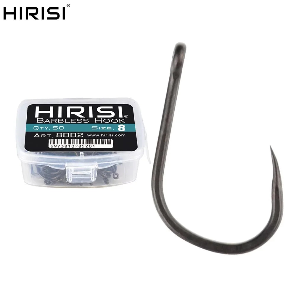 Hirisi 50pcs Barbless Fishing Hooks PTFE Coated High Carbon Steel Hook 8002 Freshwater Fishing Supplies