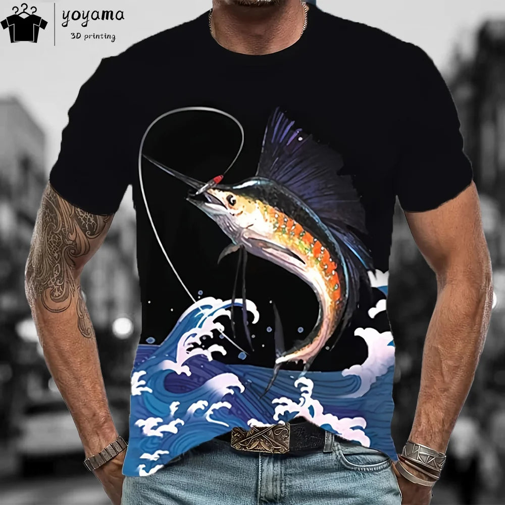 Fishing Pattern Print Clothes 3D Print Men's Summer Clothes Funny T shirts Short Sleeve Tee Fishing Graphic T shirts O-Neck Tops